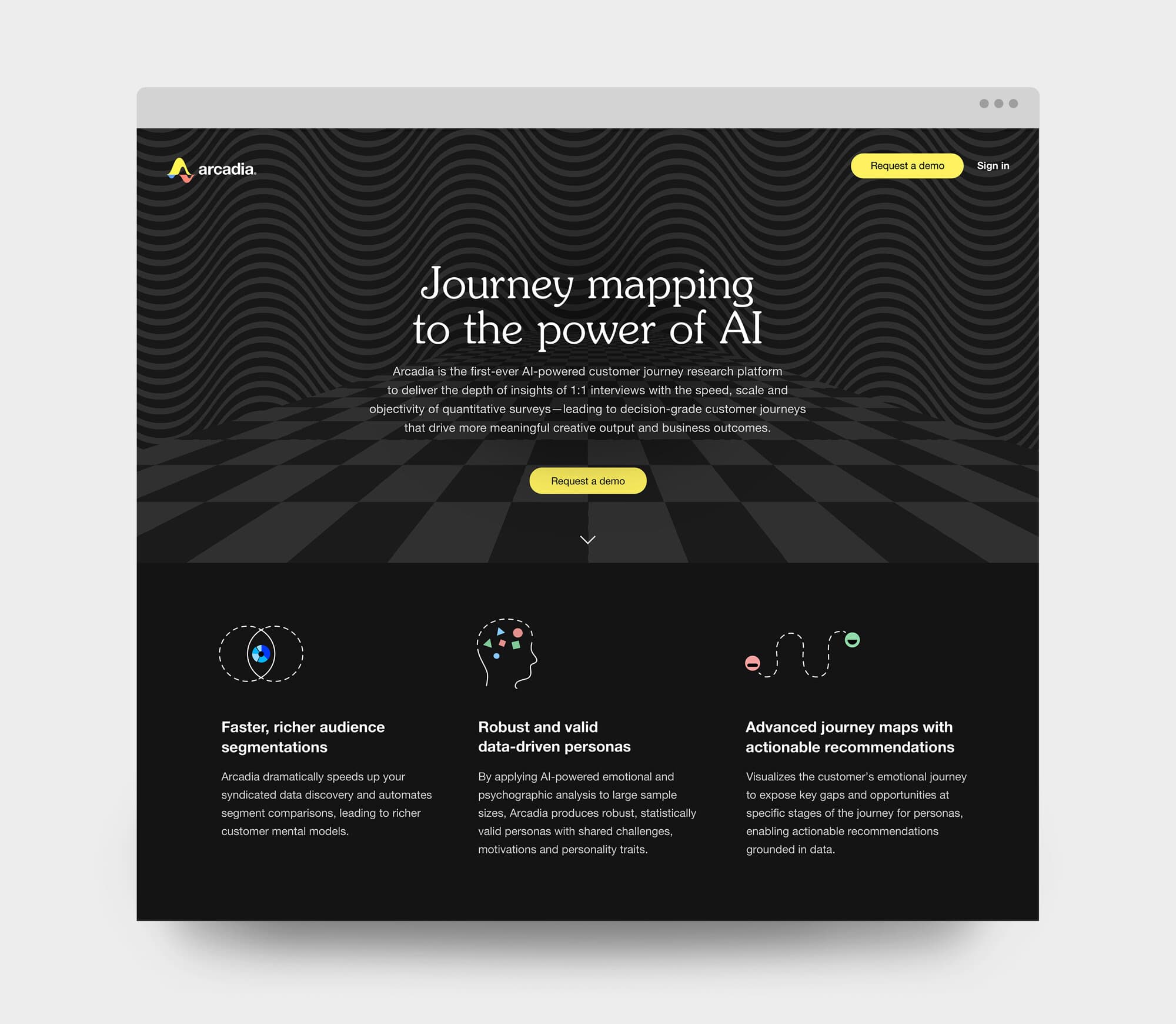 Arcadia marketing landing page with the headline “Journey mapping to the power of AI” and three feature columns covering audience segmentation, data-driven personas, and journey maps