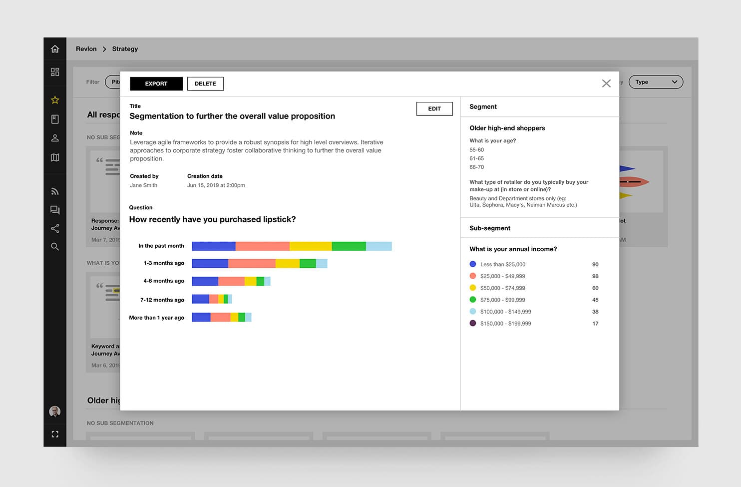 Insight export modal displaying a saved segmentation titled “Segmentation to further the overall value proposition,” with its question, stacked bar chart, and segment metadata ready to export