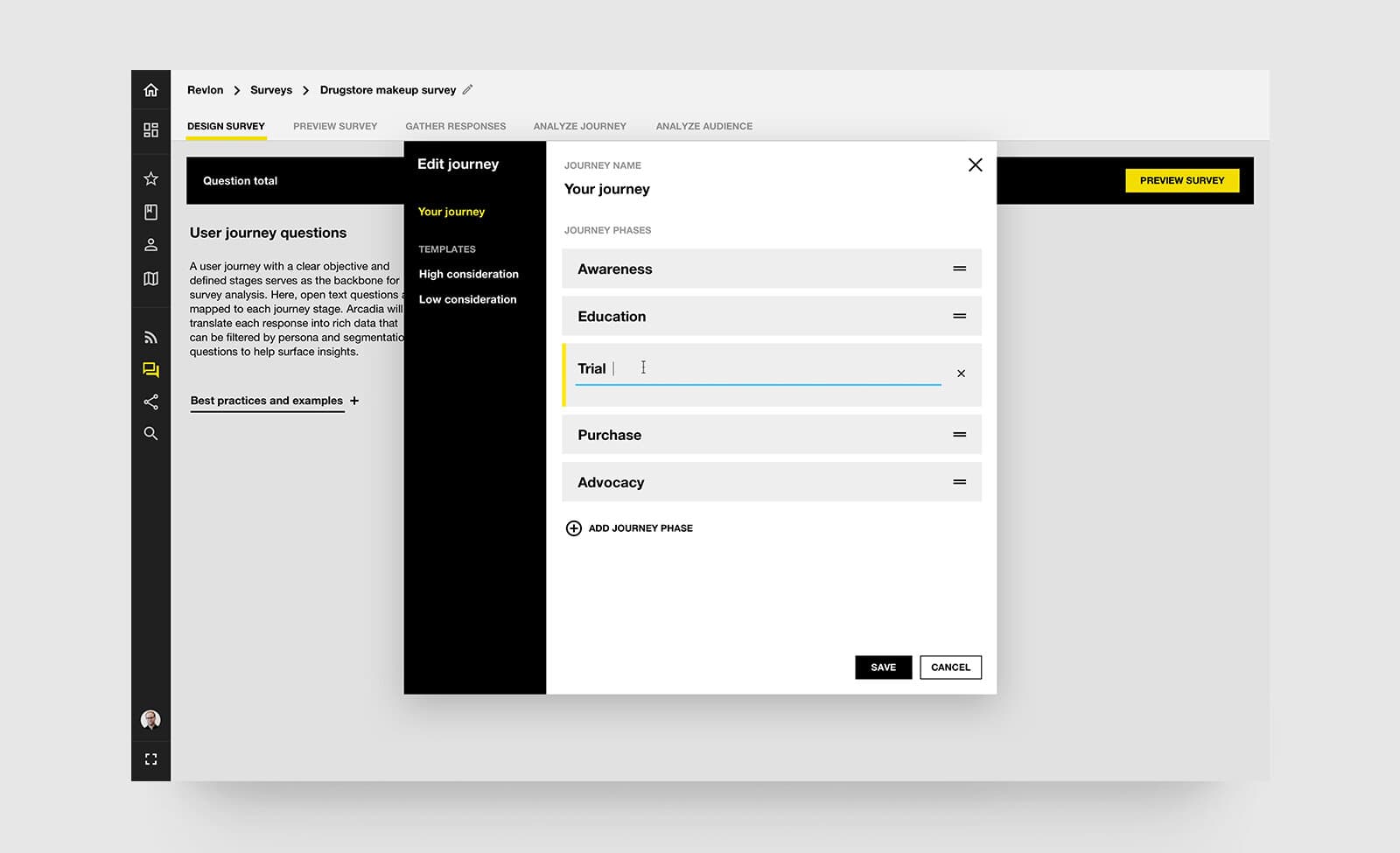 Edit journey modal listing journey phases — Awareness, Education, Trial, Purchase, and Advocacy — with the Trial phase actively being renamed