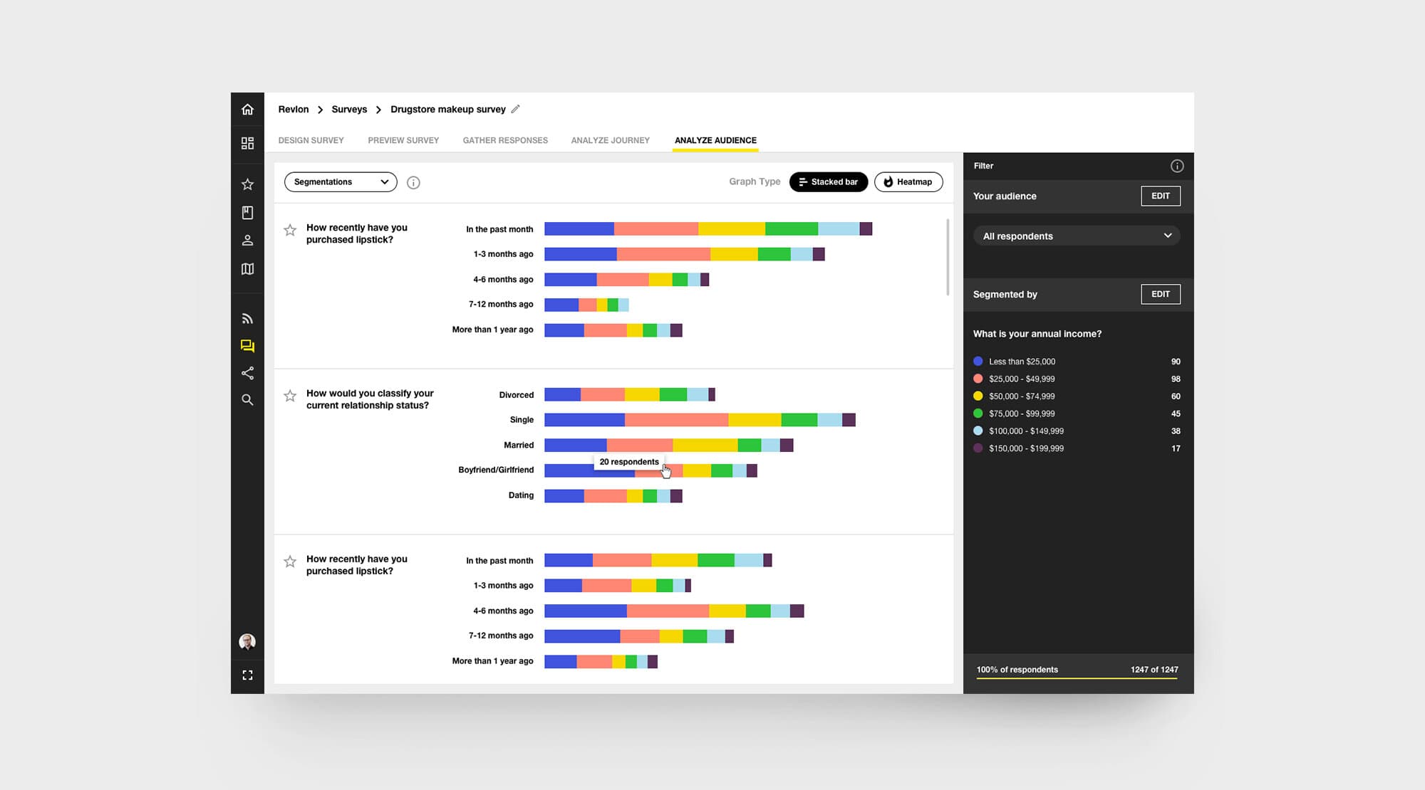Analyze audience view with stacked bar charts breaking down lipstick purchase recency and relationship status by annual income segment