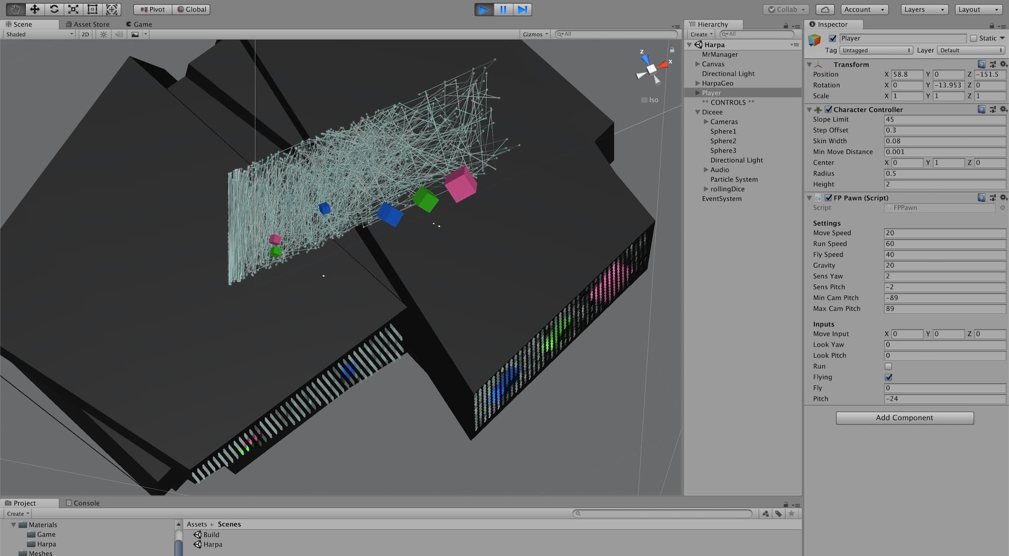 Unity editor scene of the Harpa building with colored cubes representing the Dice sequencer, plus the inspector panel showing the FP Pawn character controller settings